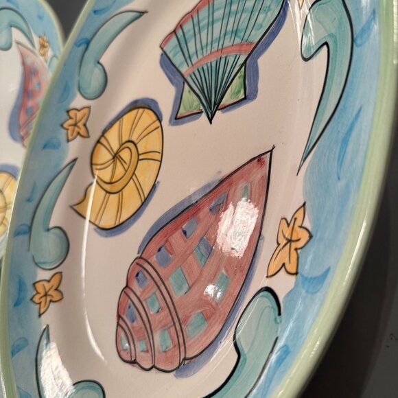 Bella Delray Nautical Seashell Salute Ceramic Platter Bowls Coastal Aqua Trim - Picture 7 of 16
